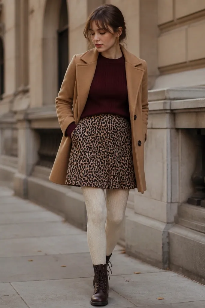 A burgundy ribbed knit sweater paired with a tan-base leopard skirt; cream tights; dark brown lace-up boots; a short camel coat.