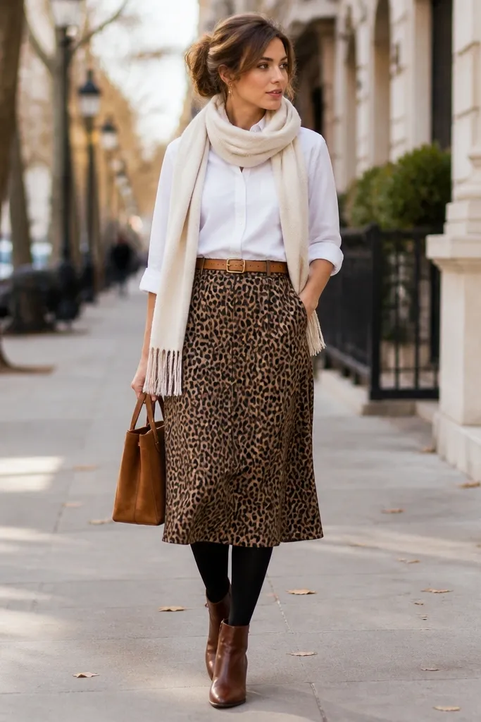 A crisp white button-down tucked into a leopard midi skirt; sleeves rolled to mid-forearm; black tights; tan belt; brown ankle boots; a wool scarf in off-white.