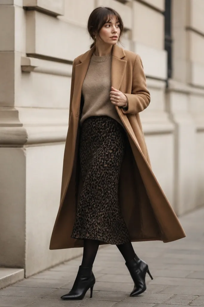 A camel wool sweater worn with a black leopard skirt; black tights; black heeled ankle boots; long camel overcoat; minimal silver jewelry.