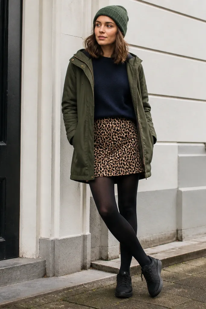 A navy crewneck sweater with a leopard skirt; a dark green parka zipped halfway; matte black tights; black sneakers; a green beanie.