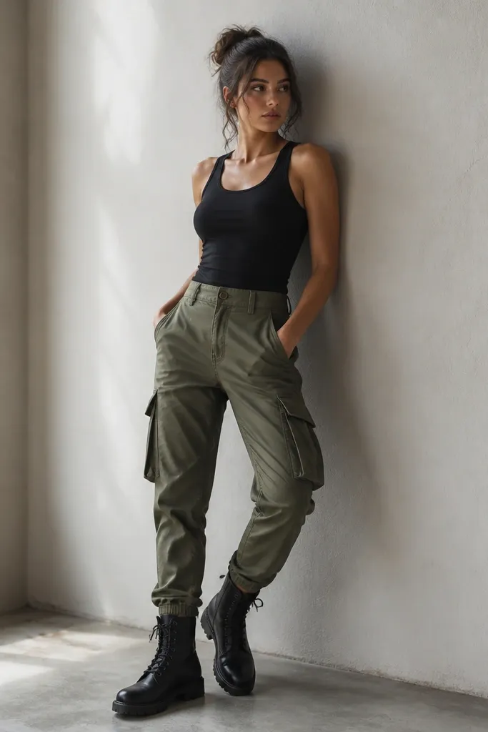 A fitted black tank worn with olive cargo pants. The pants have cargo pockets and a tapered ankle; black combat boots anchor the look.