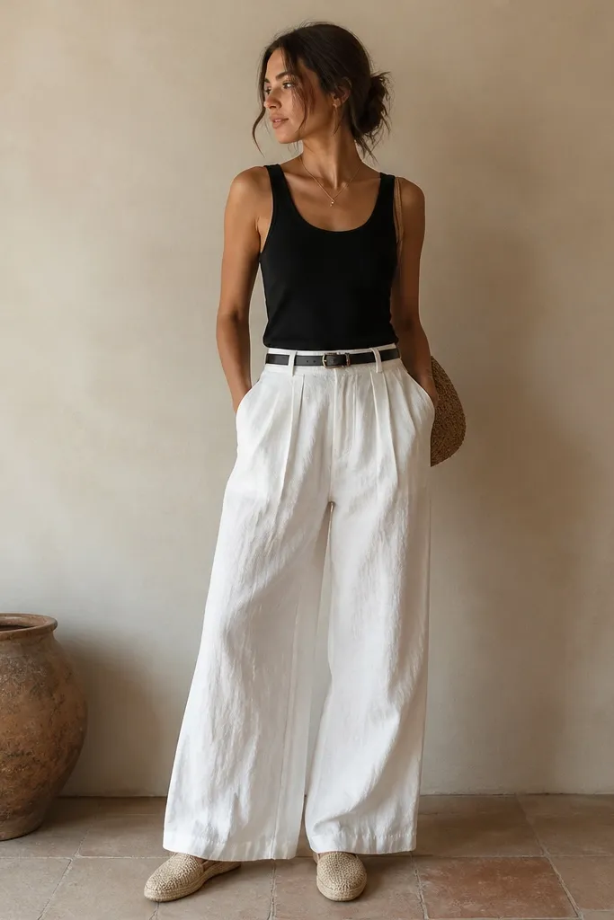 A black tank tucked into white linen trousers with a relaxed, wide leg. The outfit includes natural woven espadrille flats; the linen shows soft wrinkles typical of real fabric.
