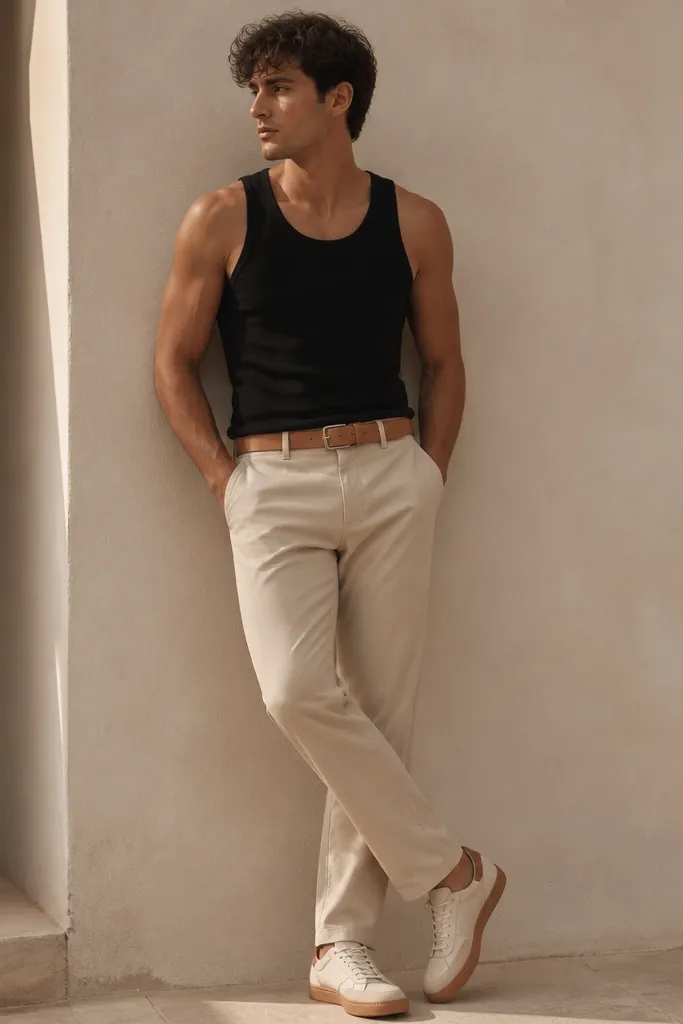 A black tank paired with beige chinos that have a straight cut. A tan leather belt matches tan accents on low-profile sneakers.