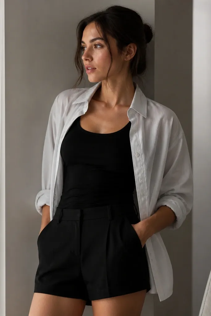 A fitted black tank under black tailored shorts. A white or light-gray oversized button-up is worn open, with sleeves rolled to mid-forearm.