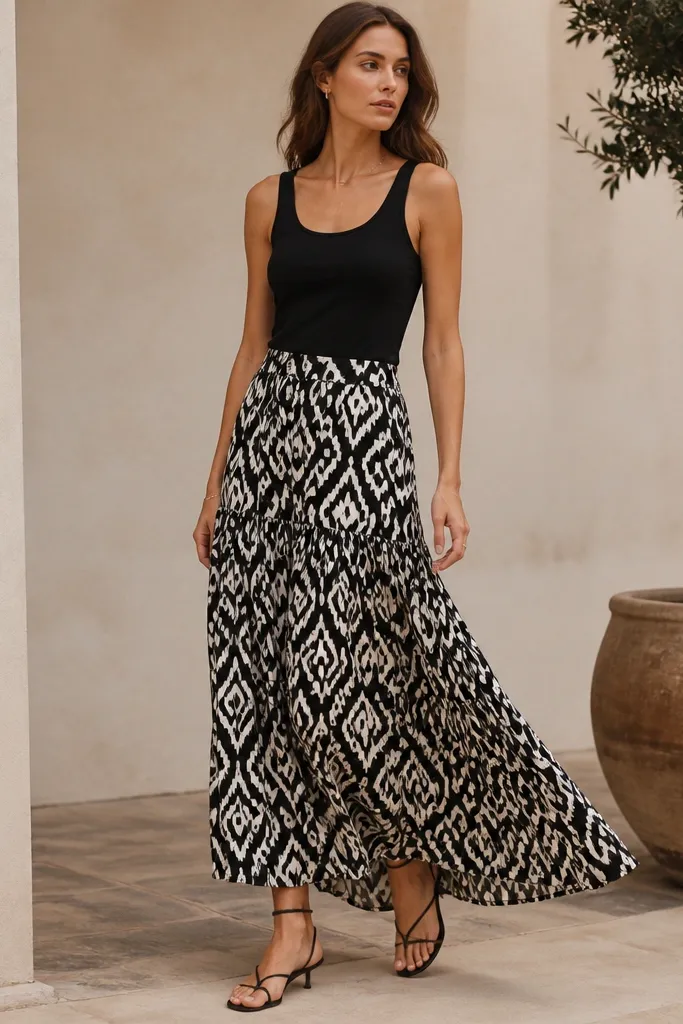 A black tank worn with a black-and-white patterned maxi skirt. The skirt falls to the ankles and moves with a soft flow; strappy sandals show the ankles.