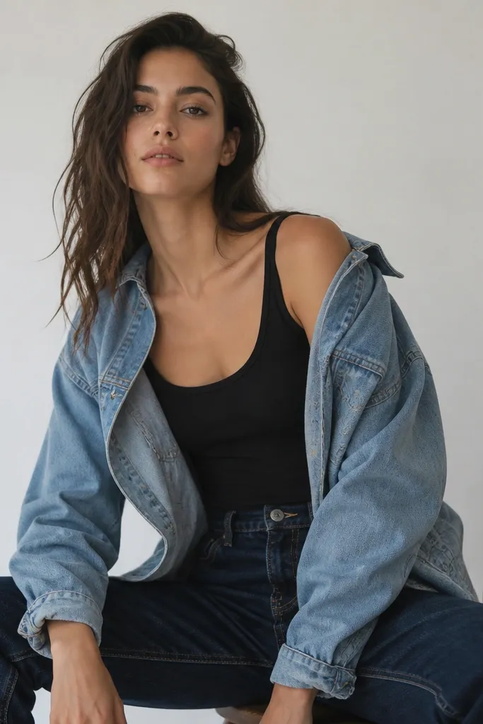 A black tank under a light blue denim jacket worn open. Dark-wash straight jeans complete the look; the tank shows at the neckline and straps.