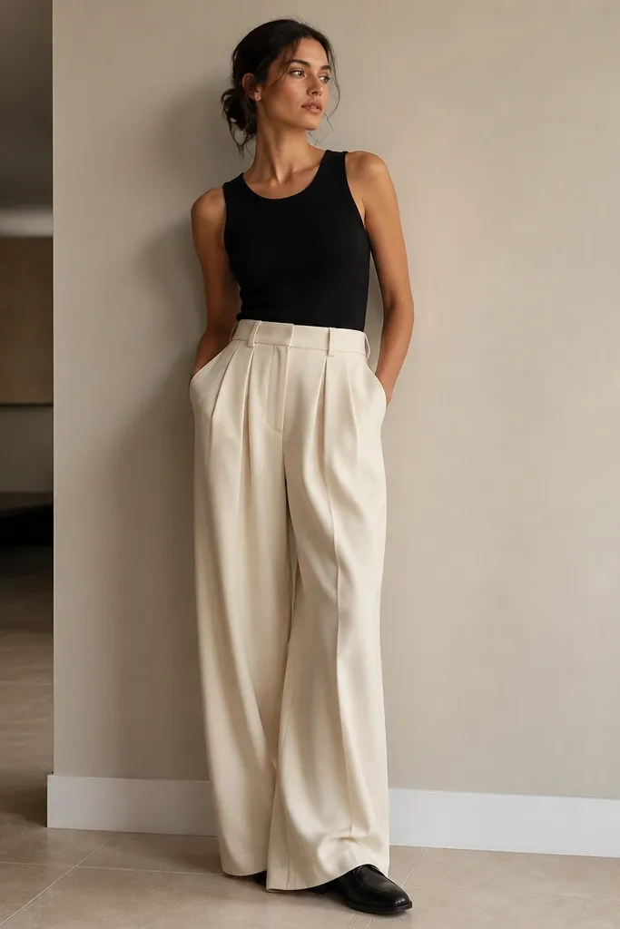 A black tank tucked into cream pleated trousers with a wide leg. Black loafers sit neatly under the hem; the trousers have visible pleats and a matte finish.