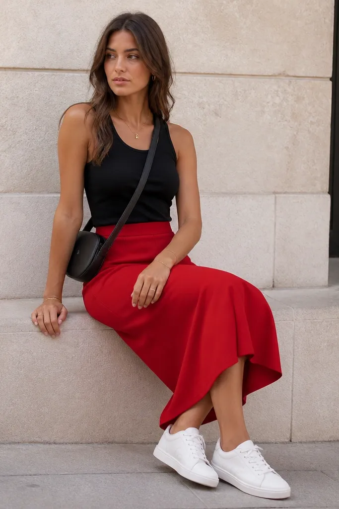 A black fitted tank worn with a solid red midi skirt that falls below the knee. White sneakers and a simple crossbody bag make it casual.