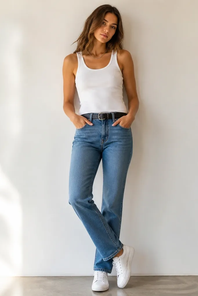 A straight-leg medium-blue jean with a clean hem is paired with a fitted white tank. The model wears a short silver chain necklace, a simple black belt, and white sneakers. No jacket, just crisp, bright styling.
