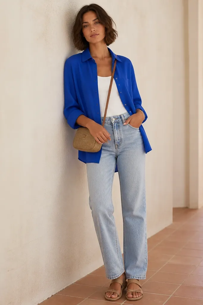 A cobalt blue button-down shirt is worn open over a white tank. The shirt sleeves are rolled to the forearm, and the model wears light-wash straight jeans and tan sandals. There's a small crossbody bag.