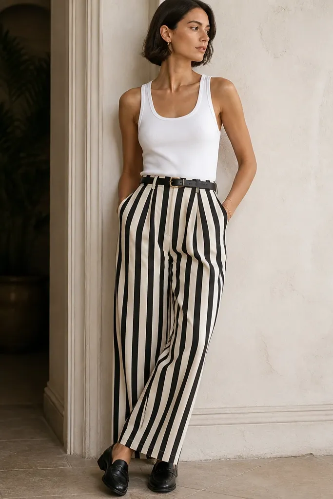 Wide-leg striped pants in black and white are paired with a plain fitted white tank. The model wears a slim black belt, black loafers, and small gold studs. The waistline is clean and defined.