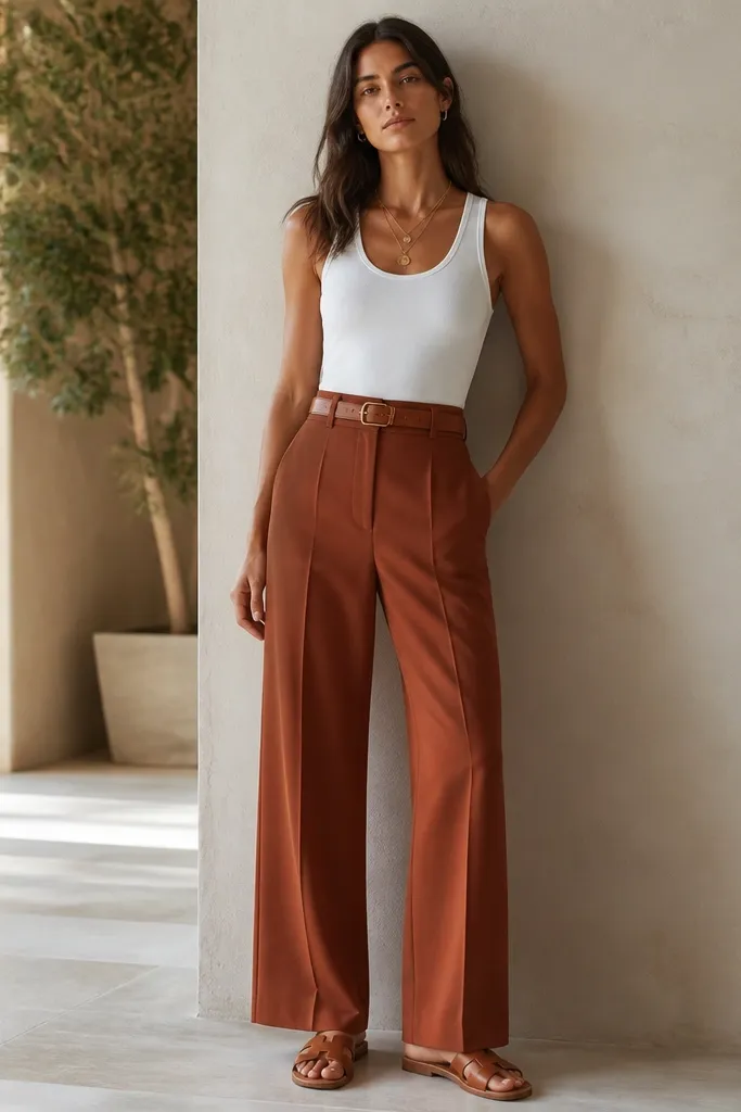 A white tank is tucked into rust-colored wide-leg trousers. The model wears a cognac leather belt, tan sandals, and layered necklaces in gold. The trousers have a crisp crease down the center.