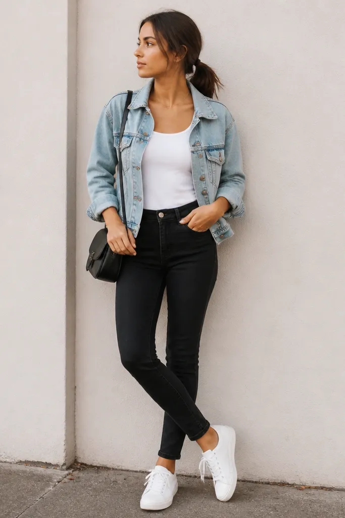 A light-wash denim jacket is worn over a white tank. The model pairs it with dark skinny jeans, white sneakers, and a small crossbody bag. Hair is in a low ponytail and the look is casual.