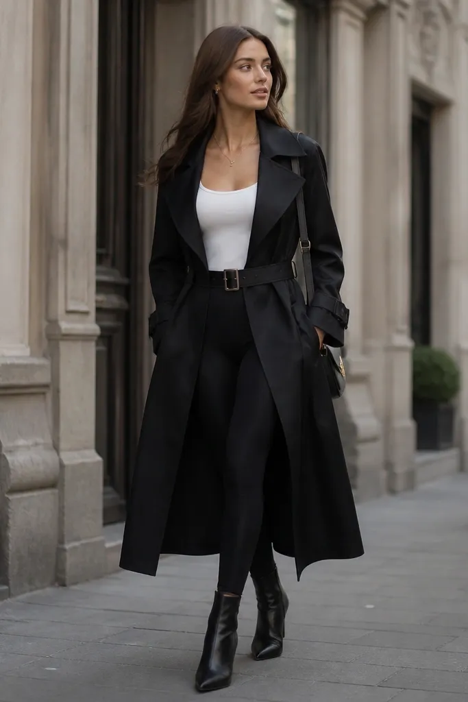 A fitted white tank is worn under a long black trench coat. The model wears black leggings, black ankle boots, and a structured belt at the trench waist. A small shoulder bag hangs at the side.