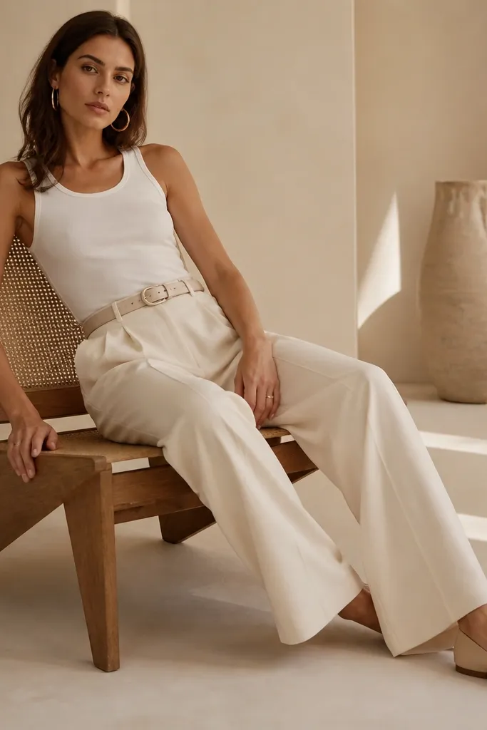 A white tank is styled with cream trousers in a slightly different shade than the tank. The model wears gold hoop earrings, a cream belt, and nude pointed flats. The outfit is clean and monochrome.