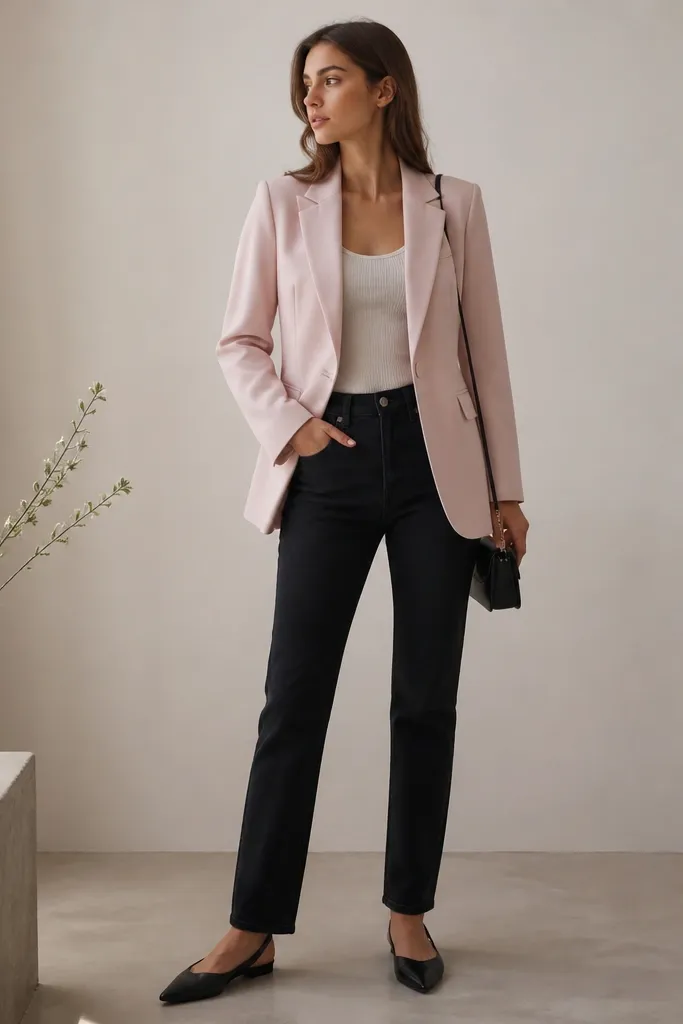 Model in a pale pink blazer with a single-button closure and slim lapels. She wears black high-rise jeans with a straight slim cut. A fitted ribbed cream tank is tucked in. The shoes are pointed-toe black flats, and she carries a small structured black shoulder bag.