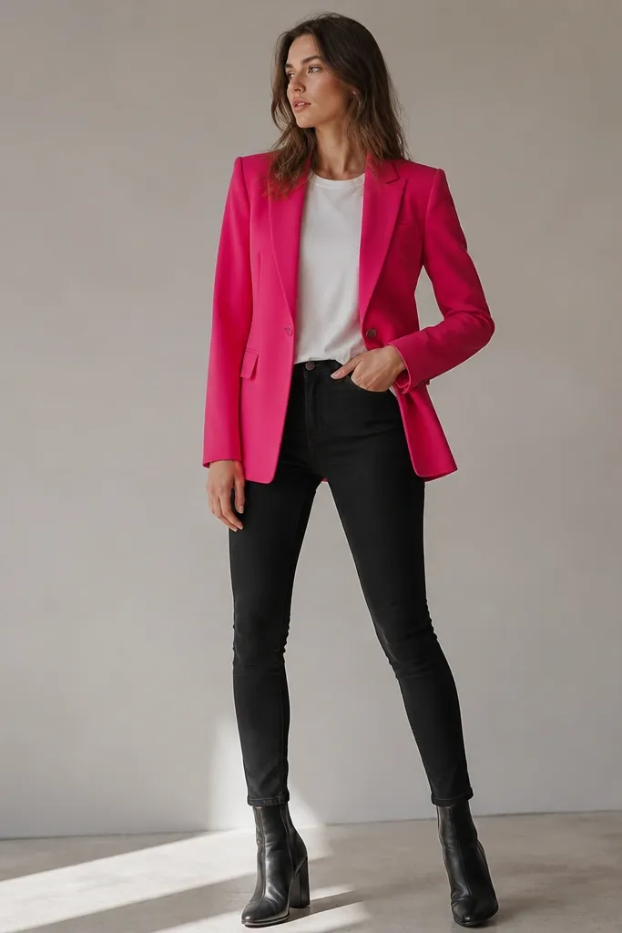Model wears a hot pink tailored blazer with a strong shoulder line and a single button. Under it is black skinny high-rise jeans. A longline white tee falls just past the waistband, slightly covered by the blazer. Shoes are black leather ankle boots.