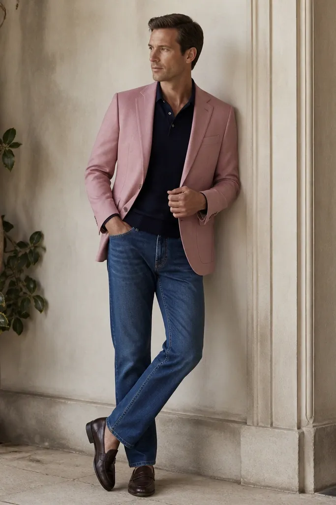 Model wears a rose blush blazer over indigo jeans with a straight cut. A navy knit polo sits under the blazer, with the top button undone. Shoes are loafers in deep brown leather.