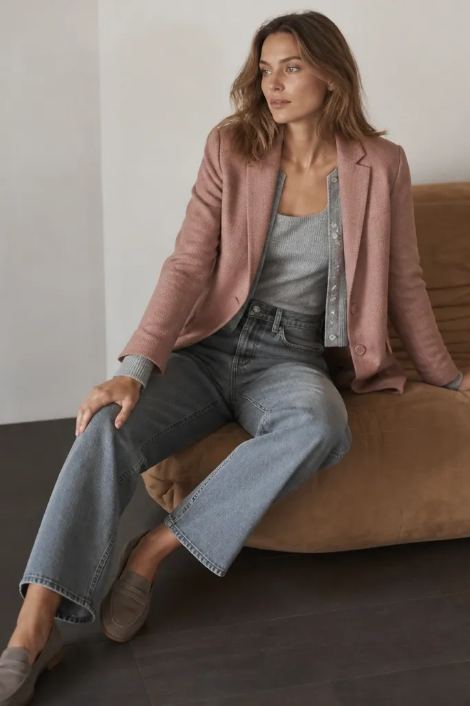 Model wears a dusty pink blazer with subtle texture over grey-blue high-rise jeans. The top is a matching grey knit set: a short-sleeve sweater and fitted camisole underneath. Shoes are taupe suede loafers.