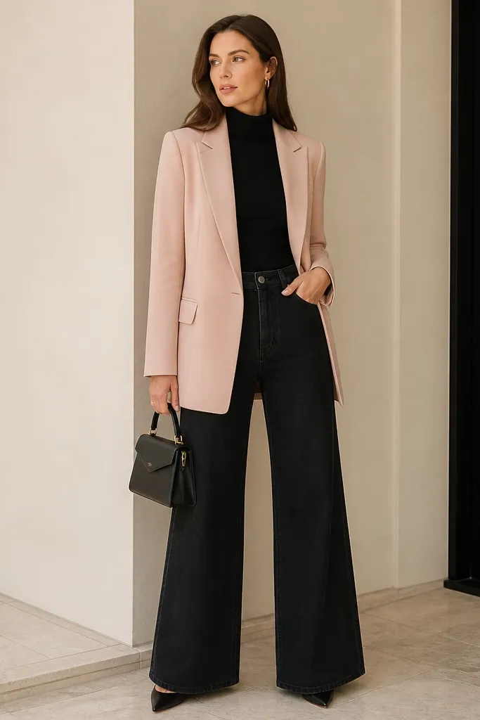 Model wears a blush blazer with a longerline fit over black wide-leg jeans. A fitted black turtleneck is tucked neatly into the waistband. Shoes are black pointed-toe pumps. The bag is a small black top-handle.