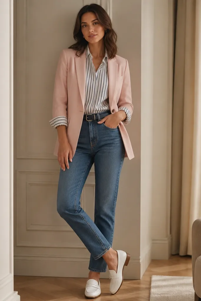 Model wears a blush pink blazer open over medium-wash high-rise jeans. A white-and-navy striped button-down sits underneath with sleeves rolled to mid-forearm. Shoes are white leather loafers, and the belt is navy.