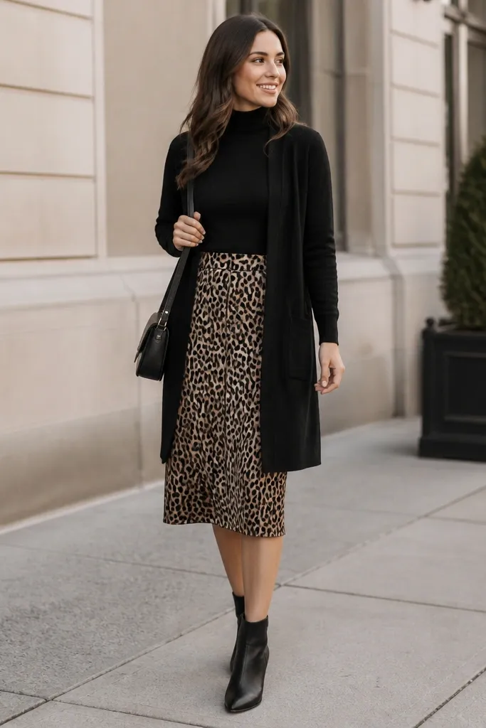Woman in a black mock-neck top tucked into a leopard print skirt. Over it is a longline black cardigan reaching mid-thigh, with black ankle boots and a small black crossbody.