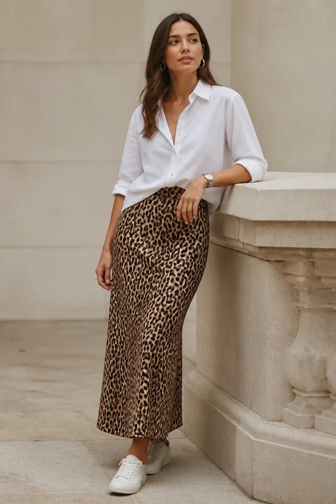 White crisp button-up shirt with sleeves rolled to forearm is half-tucked into a leopard print skirt. The person wears gold hoop earrings, a simple watch, and white low-top sneakers.