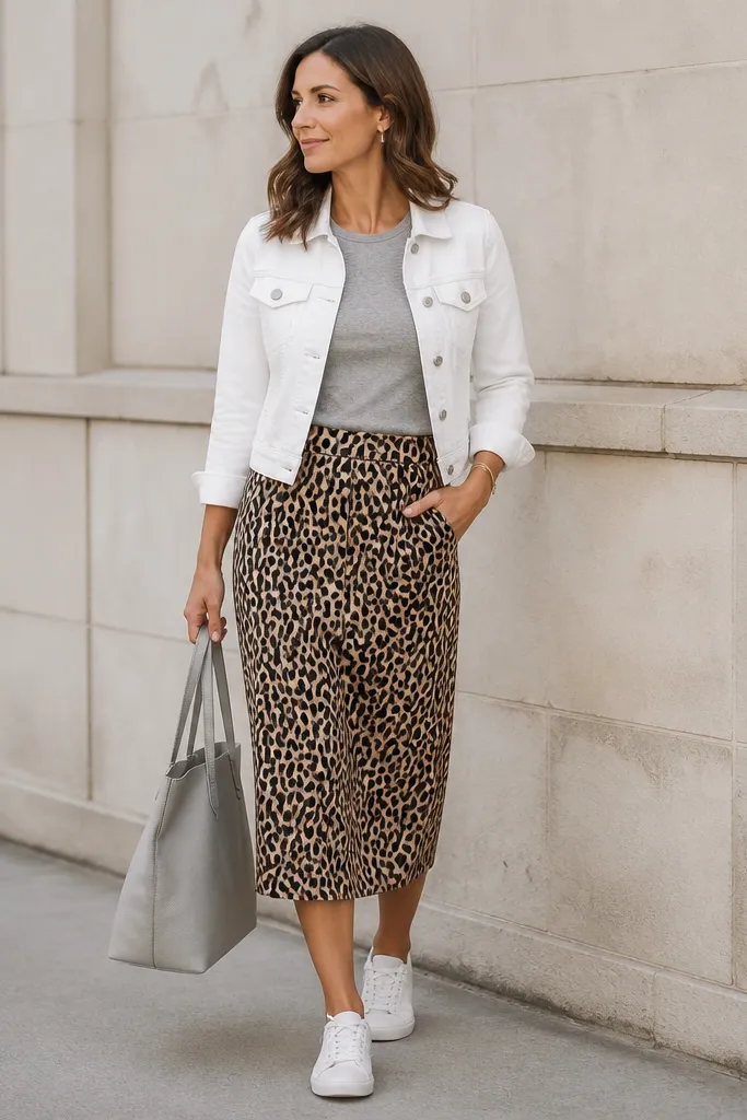 Heather grey fitted tee tucked into a leopard print skirt, layered with a white denim jacket cropped to the waist. The outfit shows white sneakers and a light grey tote.