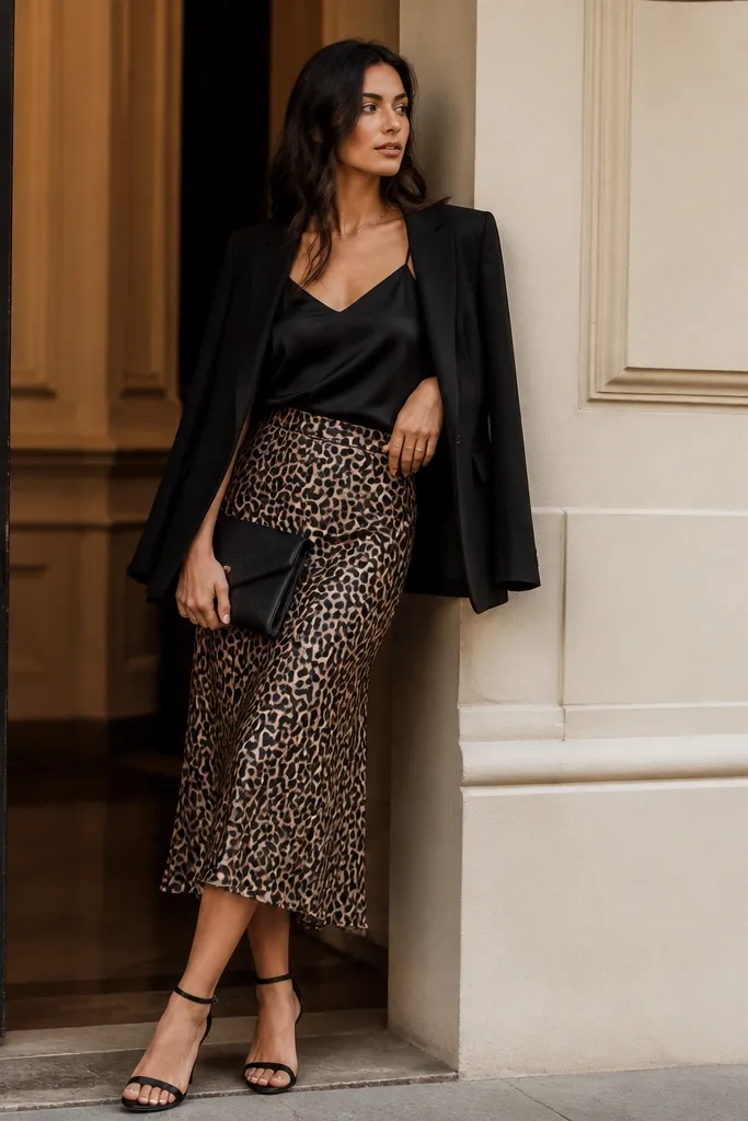 Black satin camisole with thin straps tucked into a leopard print skirt. A matte black blazer is worn open, with black strappy heels and a sleek clutch.