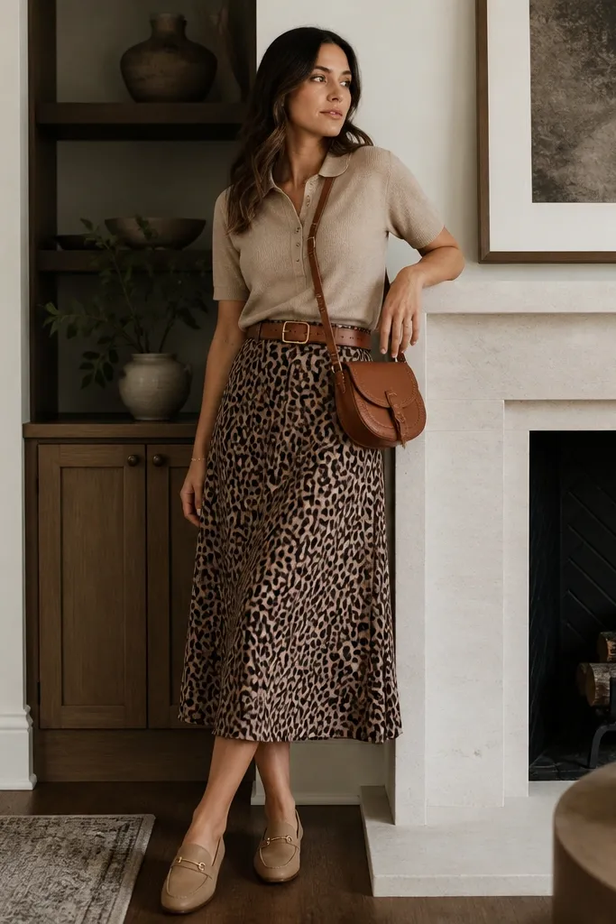 Tan knit polo shirt tucked into a leopard print skirt, with a medium-brown leather belt at the waist. The person wears tan loafers and a crossbody bag.