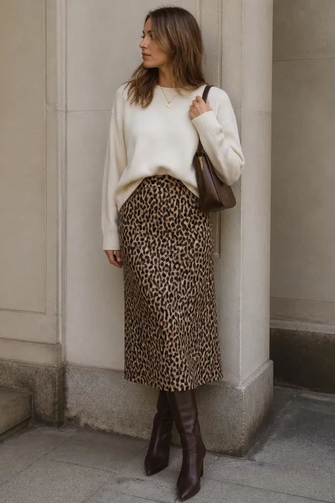 Ivory sweater worn with a leopard print skirt, shown with knee-high dark brown boots and a structured shoulder bag. The sweater is tucked slightly at the front.