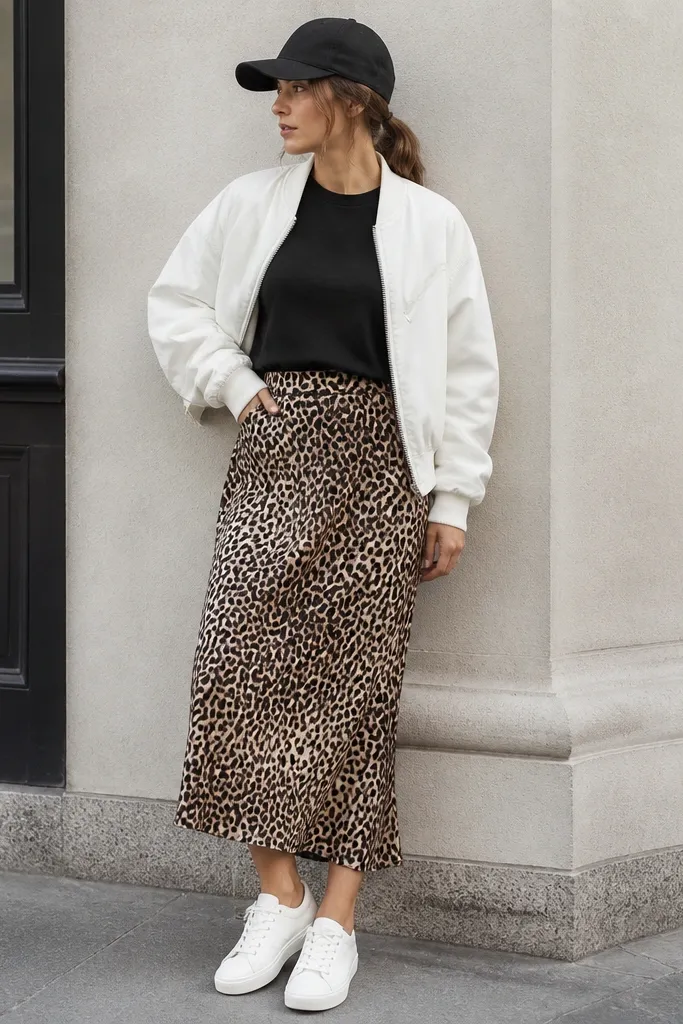 Simple black crewneck tee tucked into a leopard print skirt with a white cropped bomber jacket. The outfit includes white sneakers and a black baseball cap.