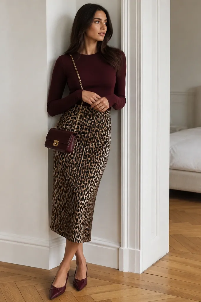 Burgundy fitted knit top tucked into a leopard print skirt. A gold chain strap bag sits at the hip, with burgundy pointed flats.