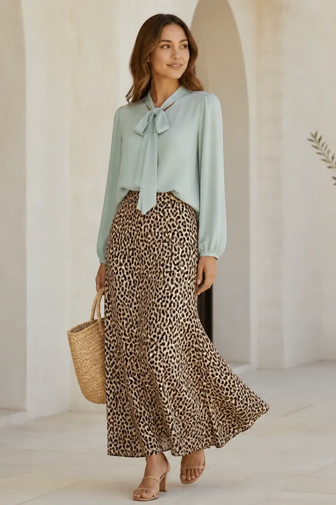 Seafoam lightweight blouse with a tie-neck worn over a leopard print maxi skirt. The person wears nude sandals and a light straw tote.