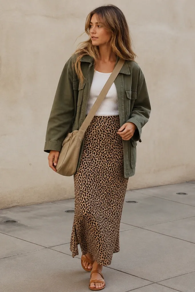 White ribbed tank tucked into a leopard print skirt, topped with an oversized olive utility jacket with pockets. The person wears tan sandals and a canvas crossbody.