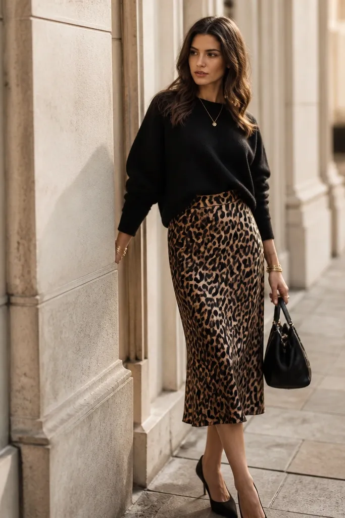 Luxe high end leopard skirt outfit for everyday
