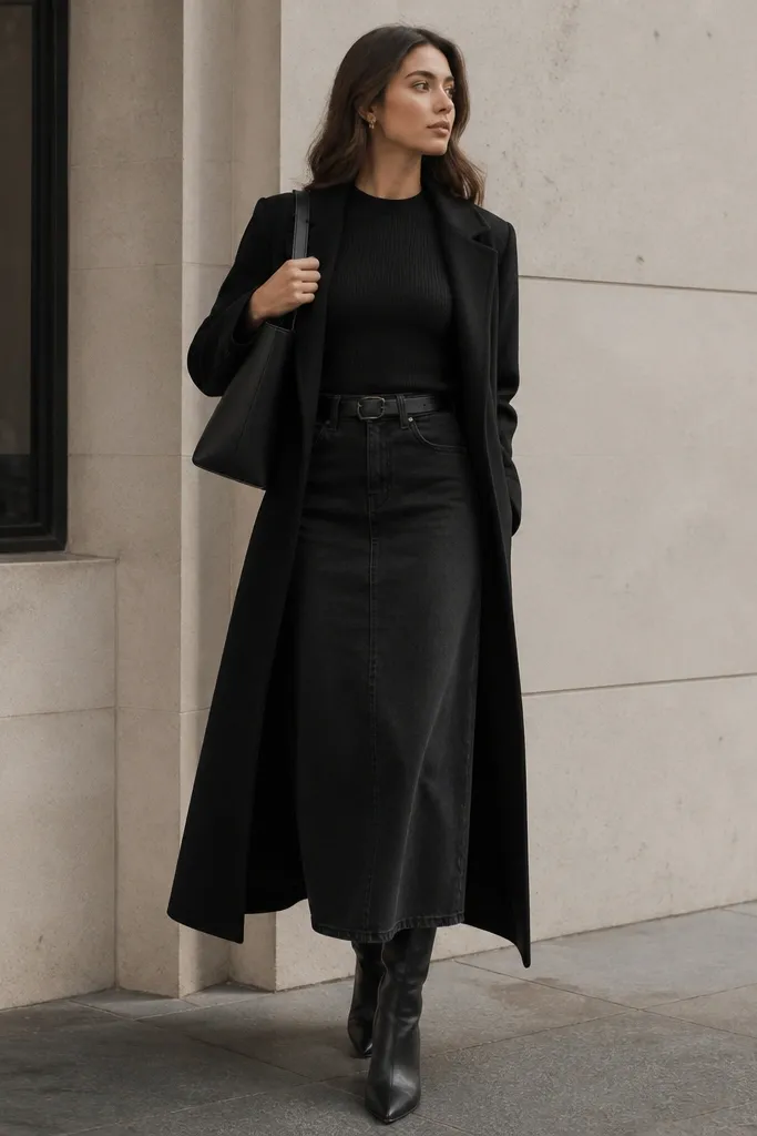 A fitted ribbed black top tucked into a long black denim skirt, layered under a longline black coat. The shoes are sleek knee-high boots and the bag is black with minimal hardware.