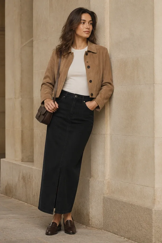 A tan suede cropped jacket worn over a fitted cream tee, tucked into a long black denim skirt. Espresso-brown loafers and a small crossbody bag complete the outfit.