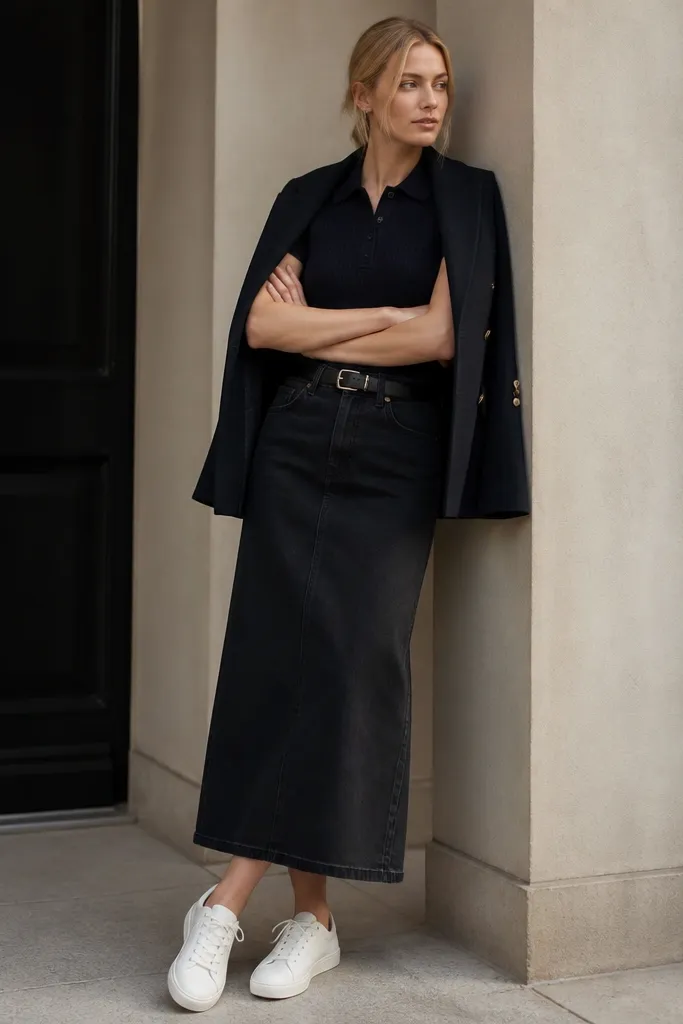A navy knit polo tucked into a long black denim skirt, paired with clean white leather sneakers. The jacket is optional but the outfit looks sporty-polished.