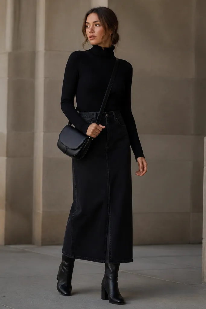 A fitted black turtleneck tucked into a long black denim skirt, paired with knee-high boots with a chunky stacked heel. A black crossbody bag sits at the hip.
