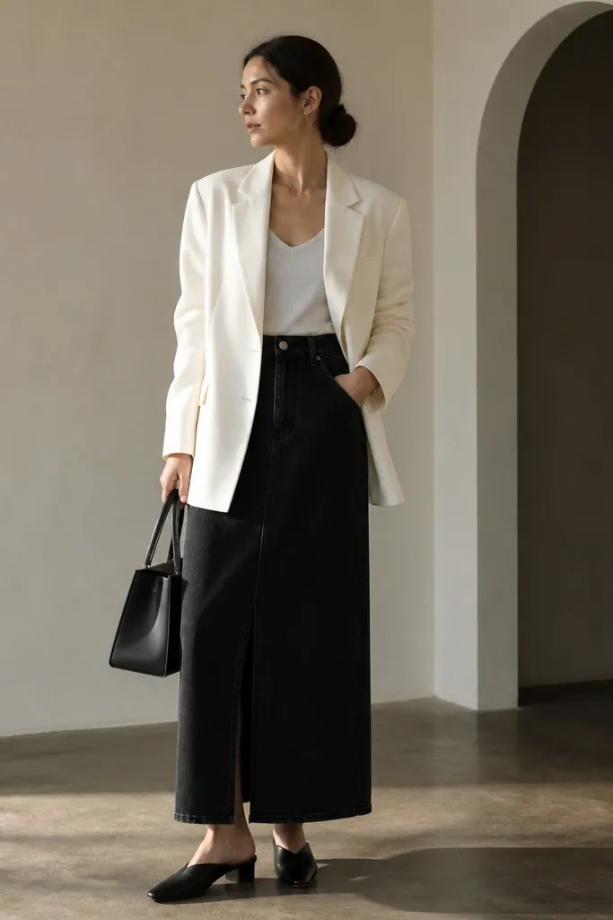 A white oversized blazer worn open over a simple top tucked into a long black denim skirt. The shoes are black mules with a low heel, and the bag is structured.