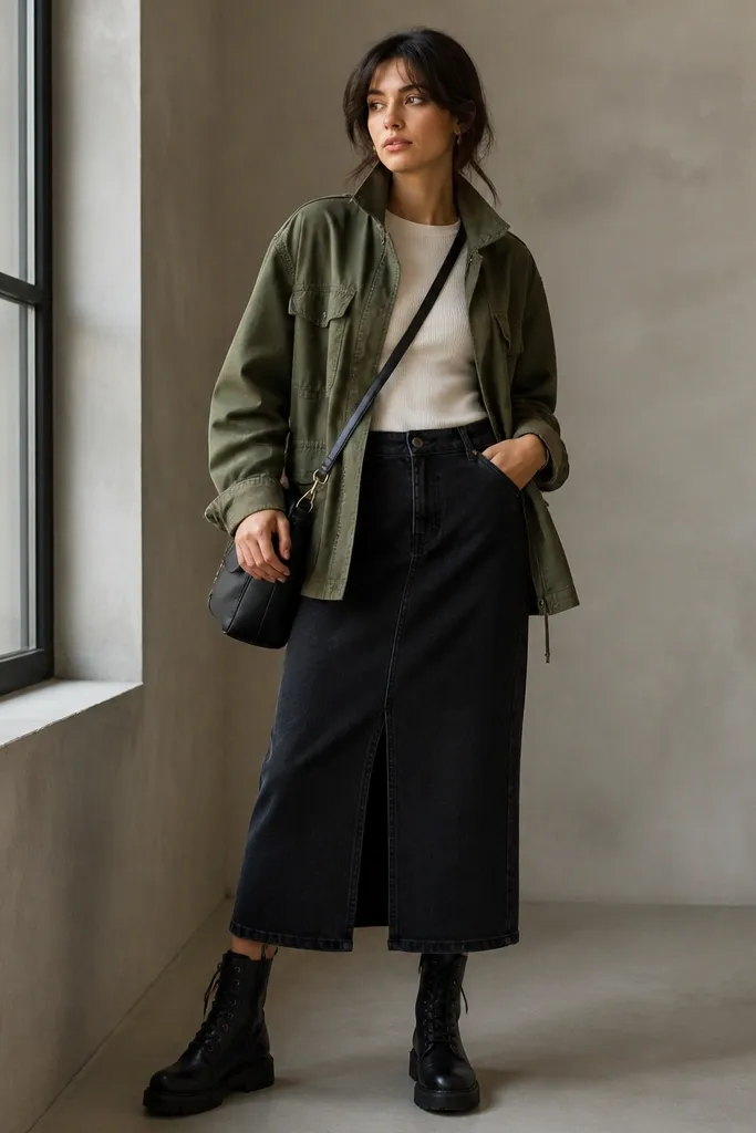 An olive green utility jacket worn over a fitted cream top, tucked into a long black denim skirt. Black combat boots and a crossbody bag complete the rugged-polished look.