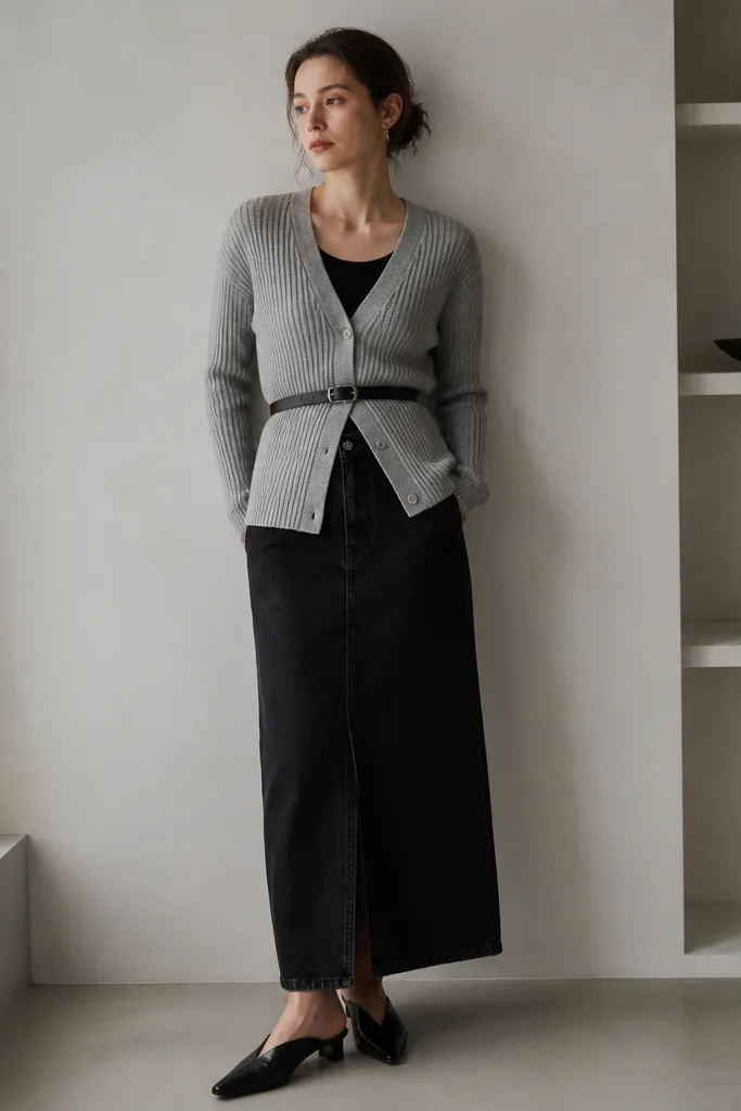 A light gray ribbed cardigan buttoned or belted at the waist over a black top, paired with a long black denim skirt. The shoes are pointy loafers with a small heel.