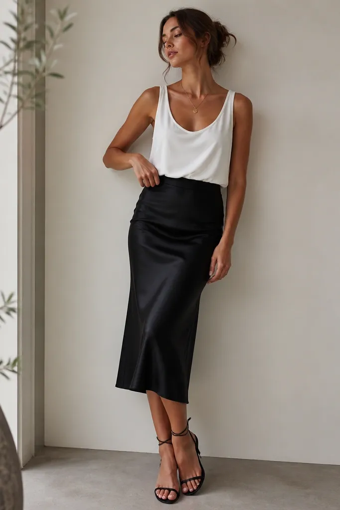 A model in a white tank with a smooth, slightly slinky drape tucked into a black satin midi skirt; she wears strappy black heels and a gold pendant necklace.