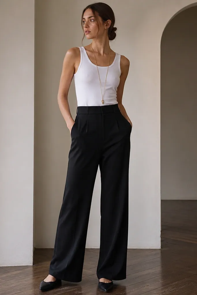 A white fitted tank tucked into black high-waist wide-leg trousers with a slight crease; black pointed-toe flats; a longline gold necklace; clean monochrome styling.