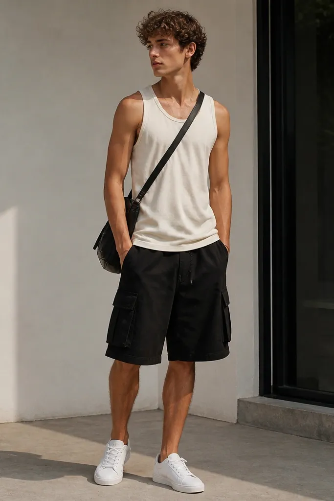 A model wearing an off-white tank with thick straps over black cargo shorts; white low-top sneakers and a crossbody bag.