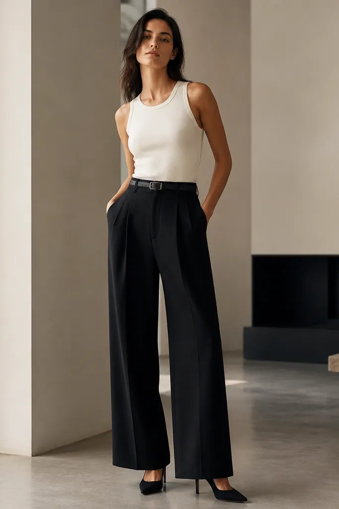 A model in a tucked off-white tank cinched with a slim black belt at the waist, styled with black wide-leg trousers and a black heel.
