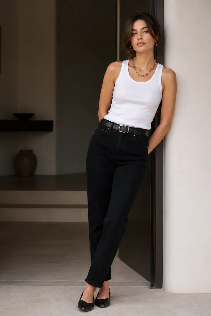 A fitted white tank over a clean tuck into black straight-leg jeans; chunky gold chain necklace; black belt; white-gold hoop earrings; simple black flats.