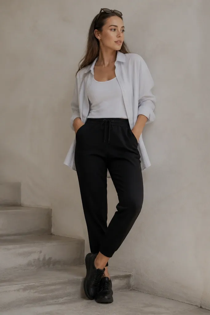 A white tank tucked into black joggers; a white or light-gray crisp button-up worn open over the tank; black sneakers; sunglasses on top of the head.