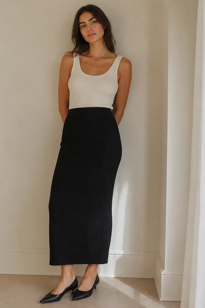 A model wearing a ribbed off-white tank tucked into a black knit midi skirt; kitten heels and a delicate necklace.